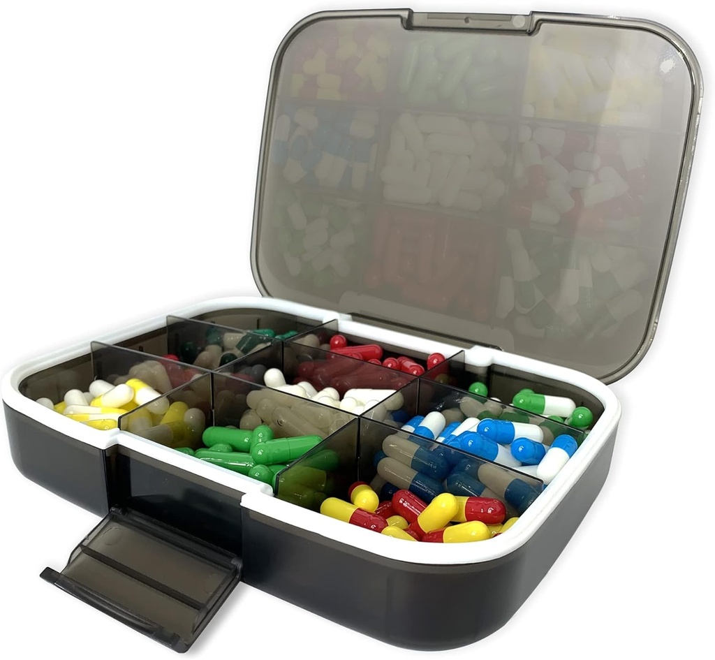 Stor pille Organizer, 7.7x5.7 "Rejser Vitamin Box Lightproof 9 Compartments Portable Pill Cases Kosttilskud Dispenser Fugt Bevis Pill Holder Medicine Container