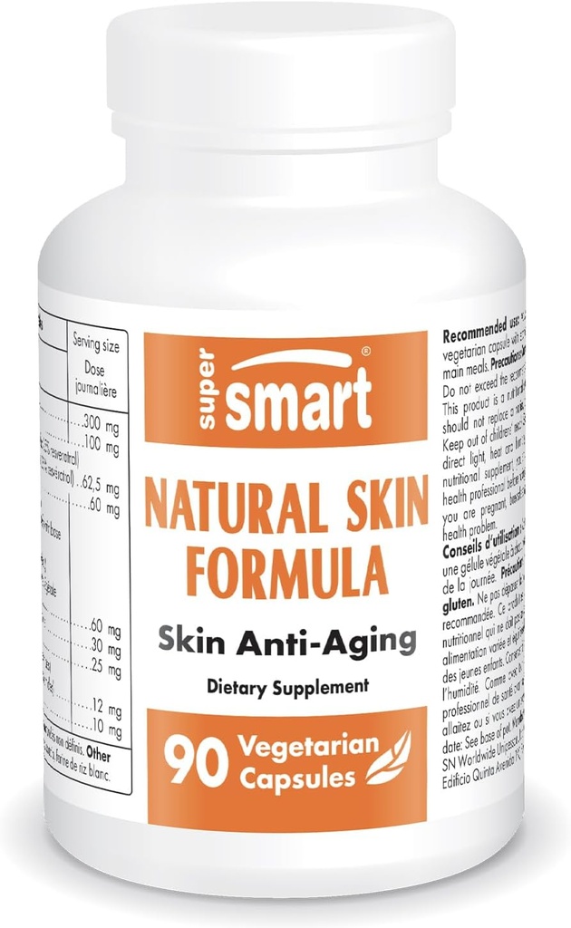 SuperSmart - Natural Skin Formel (høj potens) - med Hyaluronsyre, Collagen, Elastin, Ceramica, Silica - Skin Hydration & Elasticitet; Non- GMO - 90 Vegetariske kapsler