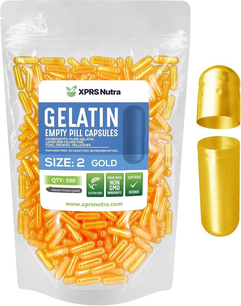 XPRS Nutra Size 2 Empty Capsules - 500 Count Empty Gelatin Capsules - Pills DIY Capsule Filling - Pure Bovine Pill Gel Caps for Do-It-Yourself Supplements (Gold)