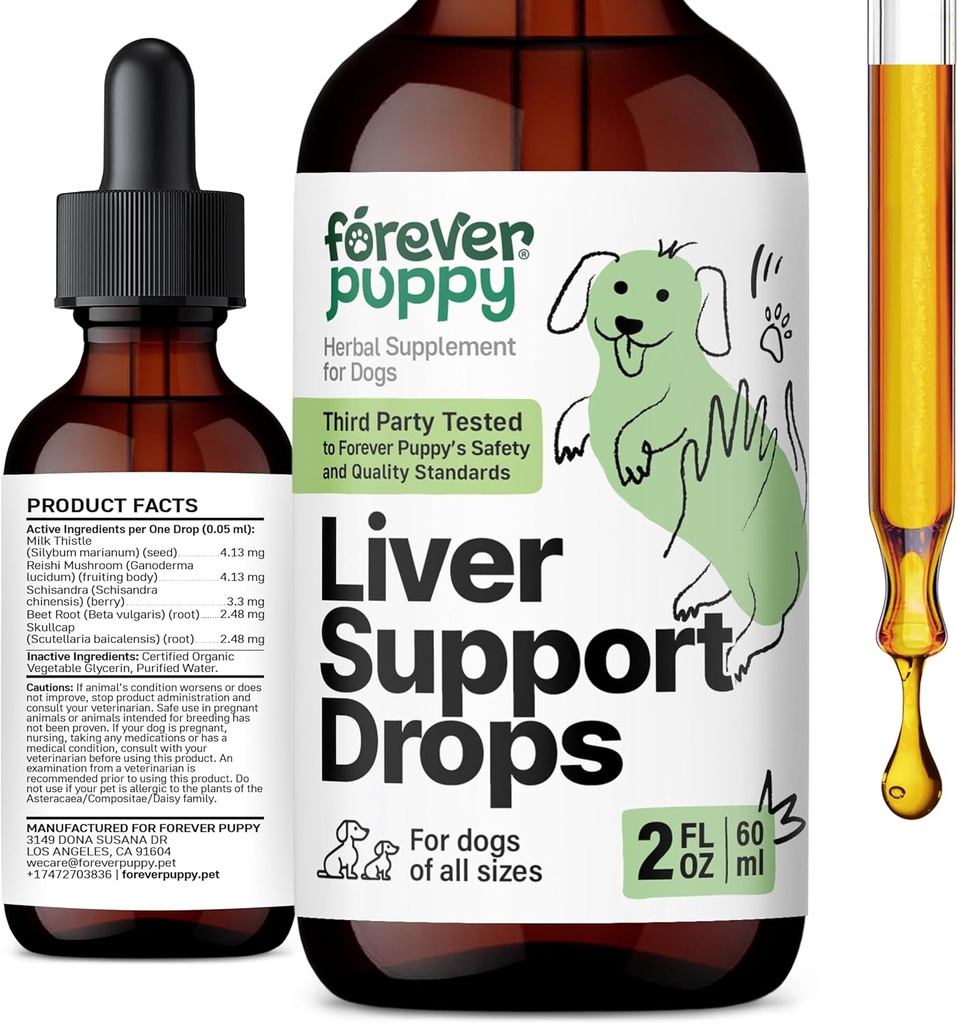 Forever Puppy Lever Support Drops til hunde - Mælk tidsel supplement til hunde - Lever rense Detox Drops w / Flydende Silymarin Herb - Canine Kosttilskud og vitaminer til alle racer & størrelser - 2 oz