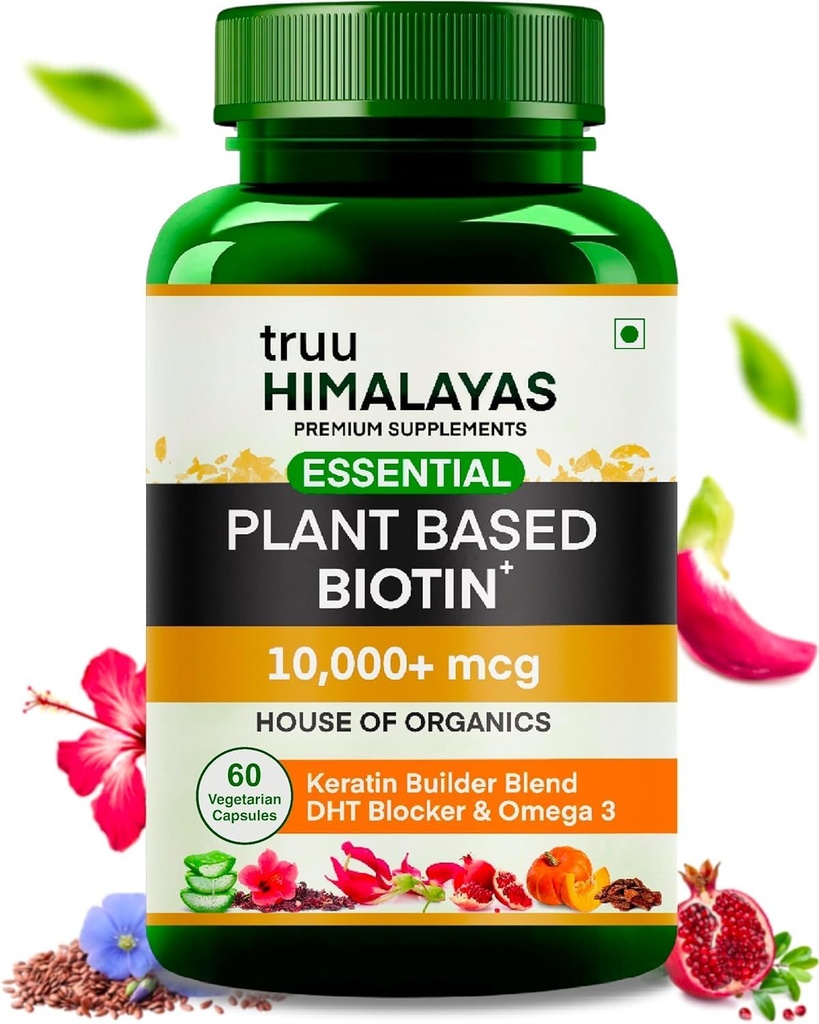 Plant baseret Biotin 10000mcg for hårvækst med DHT Blocker, Keratin & Omega 3 Supplement Vitals for Mænd & Kvinder - Ayurvedic Nutrients for Hår Fall, Hud & Nails Sundhed - 60 Kapsler