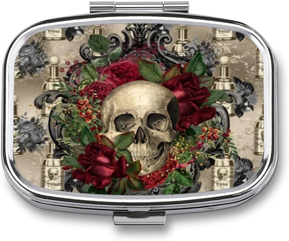 Metal 2 Segment Pill Organizer Travel Friendly Portable Compact Pill Box Cute Pill Case at holde vitaminer, Fish Oil, Kosttilskud, medicin, Tablet til purse, Pocket. (Skull)