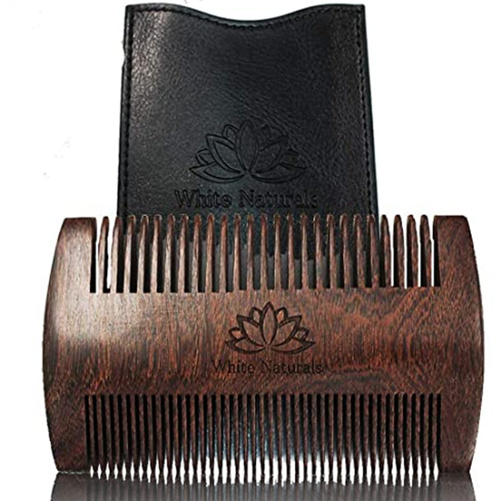 Hvide Naturals Beard Comb for mænd, Wooden Natural Sandalwood, Fine Dual Action Tænder, Håndlavet Premium Sandal Wood, Perfekt til balsam og olier, Inkluderer PU læder sag, Pocket størrelse