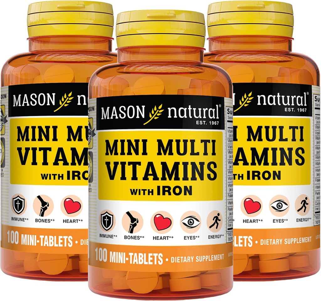 Mason Natural Daily Multiple Vitamins with Iron, Vitamins A, C, D, E, B1, B2, B3, B6, B12, Folate and Calcium for Overall Health, 100 Tablets (Pack of 3)