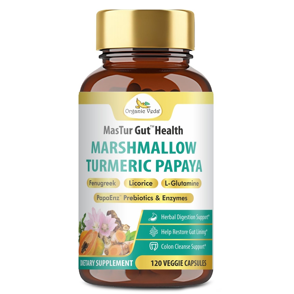 Økologisk Veda Marshmallow gurkemeje supplement - fordøjelse sundhed, Leaky Gut Reparation & Rense Support - Papaya fordøjelige enzymer, Prebiotika, L- Glutamin, Green Banana, Psyllium Husk - 120 Capsule