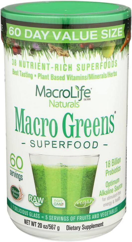 MacroLife Naturals Macro Green Powder 38 Superfood Probiotisk Antioxidant Enzyme & Herbal supplement Immunitet Energy Cleanse - Non- GMO Vegan Gluten- Free Dairy- Free - 60 Servere