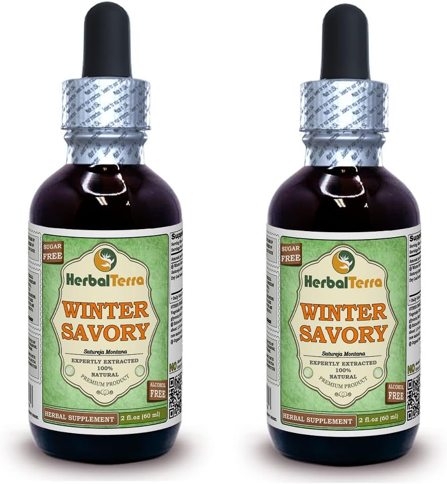 Vinter Savory (Satureja Montana) Glycerit, Organic Tørret blade Alkohol- GRATIS Liquid Extract (Brand name: HerbalTerra, Stolt lavet i USA) 2x2 fl.oz (2x60 ml)