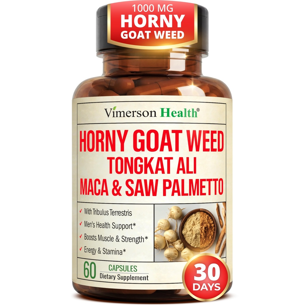 HornyGoatWeed for mænd (1000 mg per servering) - Male Enhancing Supplement w / Maca Root, Tongkat Ali, Saw Palmetto, Panax Ginseng, Tribulus Terrestris & L- Arginin for Energy, Drive & Strength