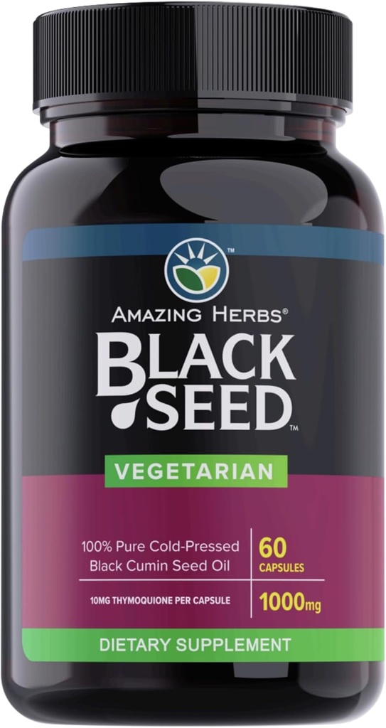 Amazing Herbs Black Seed Oil Capsules - Black Seed Oil Pills, Black Cumin Seed Oil Capsules, Cold Pressed Nigella Sativa supplement, Blackseed Oil, Non GMO, 100% Pure - 60 Vegetariske Kapsler, 1000 mg