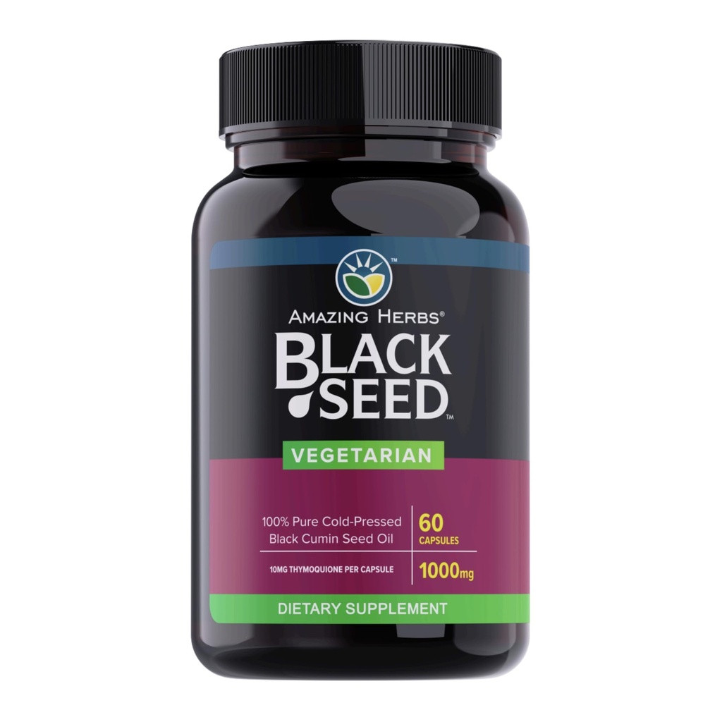 Amazing Herbs Black Seed Oil Capsules - Black Seed Oil Pills, Black Cumin Seed Oil Capsules, Cold Pressed Nigella Sativa supplement, Blackseed Oil, Non GMO, 100% Pure - 60 Vegetariske Kapsler, 1000 mg