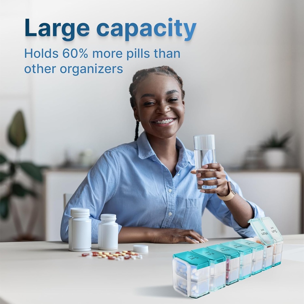 Ekstra Stor Pill Organizer 2 gange om dagen - XL Pill Box 7 Dag med Big AM / PM Compartments - Fits Large Vitaminer, Kosttilskud & Gummies, for 7 eller 14-dages brug, Color- Coded, senior- Friendly, Ingen spild