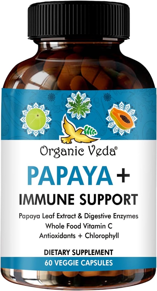 Organic Veda Papaya Leaf Plus Supplement - Blood Platelet Super Extract Immune Capsules with Papaya Digestive Enzymes, Chlorophyll, Grape Seed Extract, Vitamin C - Bone Marrow & Gut Health - 60 ct
