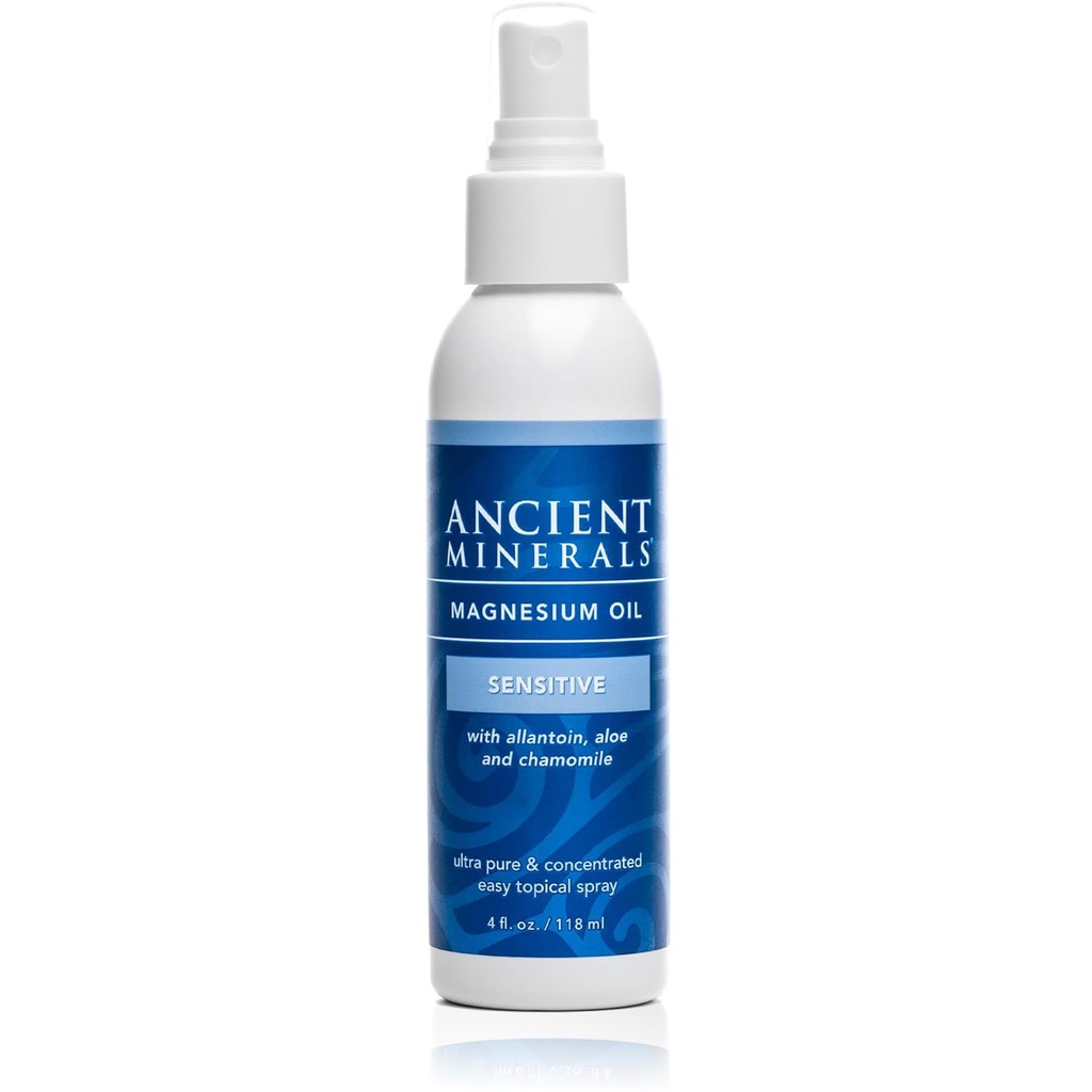 Antikke mineraler Magnesium Oil Spray Følsomme All- Ny Følsom Formel med Allantoin, Organic Kamille, og Organic Aloe Vera (4oz)