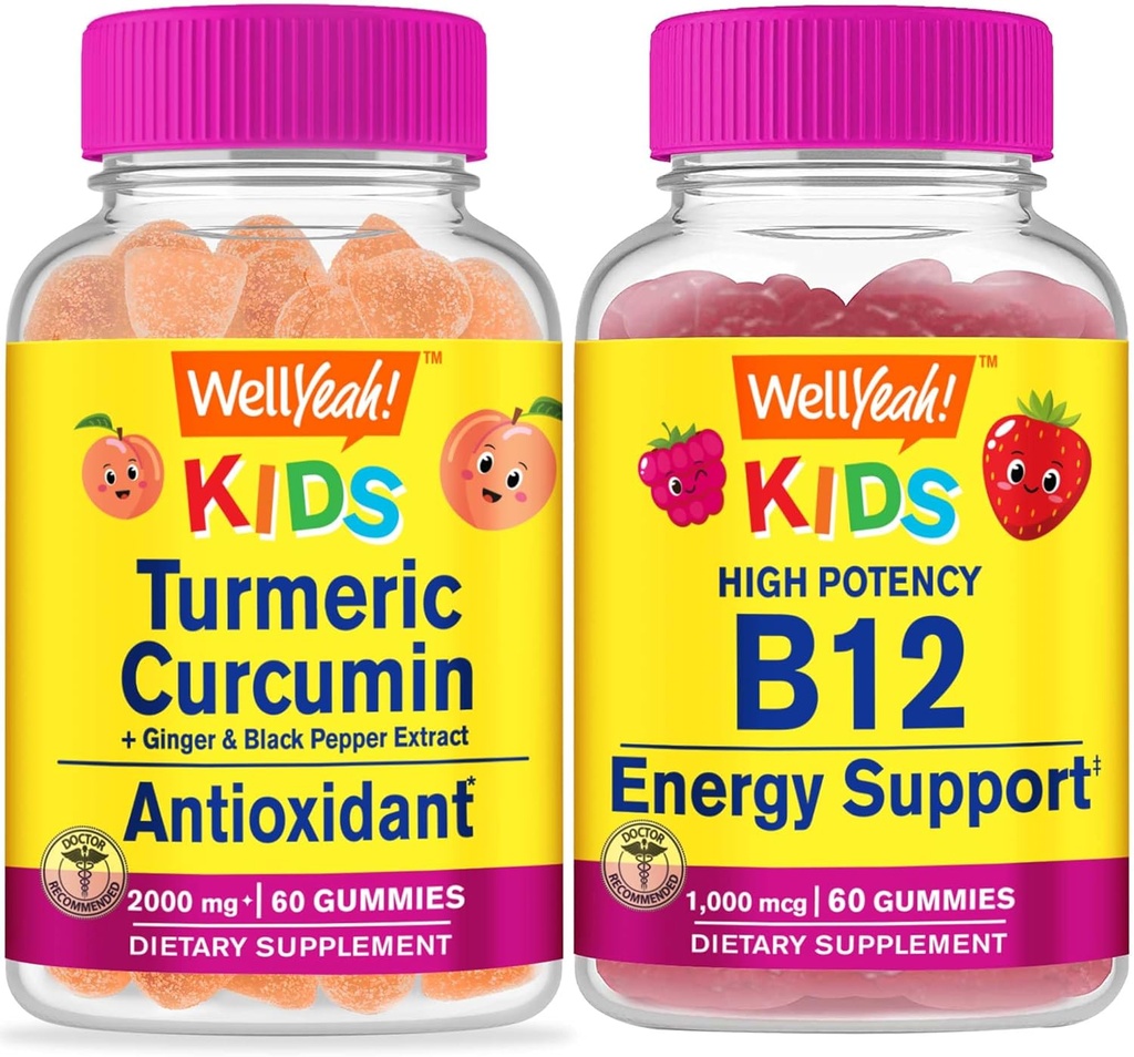 WellYe Gurkemeje Kids + Vitamin B12 Kids, Gummies Bundle - Great Tasting, Vitamin Supplement, Gluten Free, GMO fri, Chewable Gummy