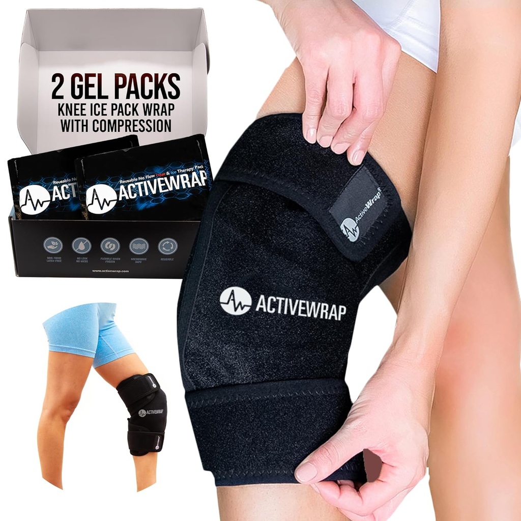 ActiveWrap - Knee Ice Pack Wrap med komprimering, 2 Genanvendelige Gel varme & kolde pakker til Knee Pain, Sore Legs & Shin Splints. Fleksibel kold wrap til skade og hævelse kontrol & fælles støtte - One Size Fits Mest