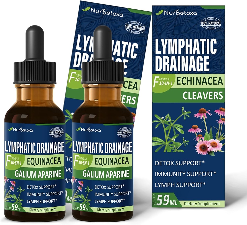 Cleavers Lymporous Drainage Drops til Lymph Detox Cleanse, Gotas de Equinacea y Diente de Leon para Drenaje Linfatico, Lymphedema Support Formel med Echinacea, Brug med Massageværktøj. 4oz