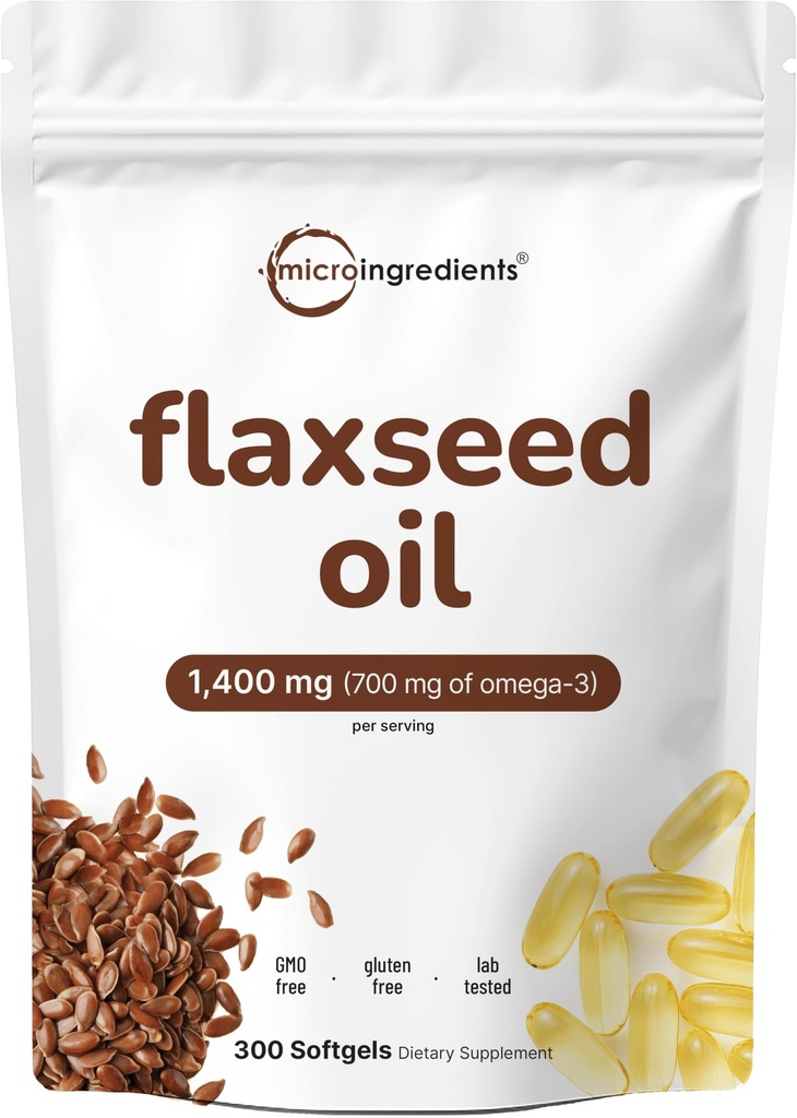 Flaxseed Oil 1400mg Softgels, 300 Counts MSD 124; w / 700mg ALA Omega 3, Cold Pressed, Rich in faty acid, Alpha Linolensyre, Support Heart Health & immunsystem MSD 124; Non- GMO, No Gluten - 300 Servere