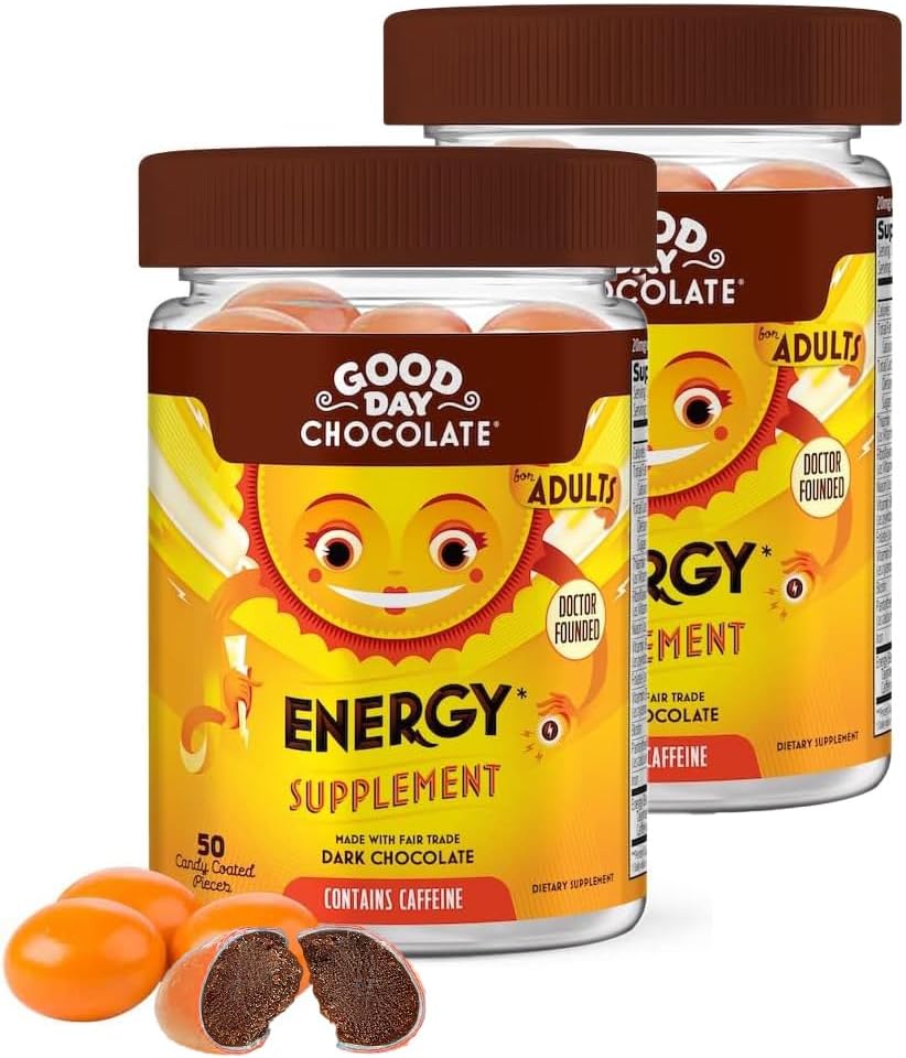 God dag Chokolade Energi Kosttilskud til voksne [2 Pack] Fair Trade Koffein Chokolade med B-vitaminer, Green Tea Ekstrakter og 20 mg Koffein Per Piece - Energi Booster for kvinder og mænd