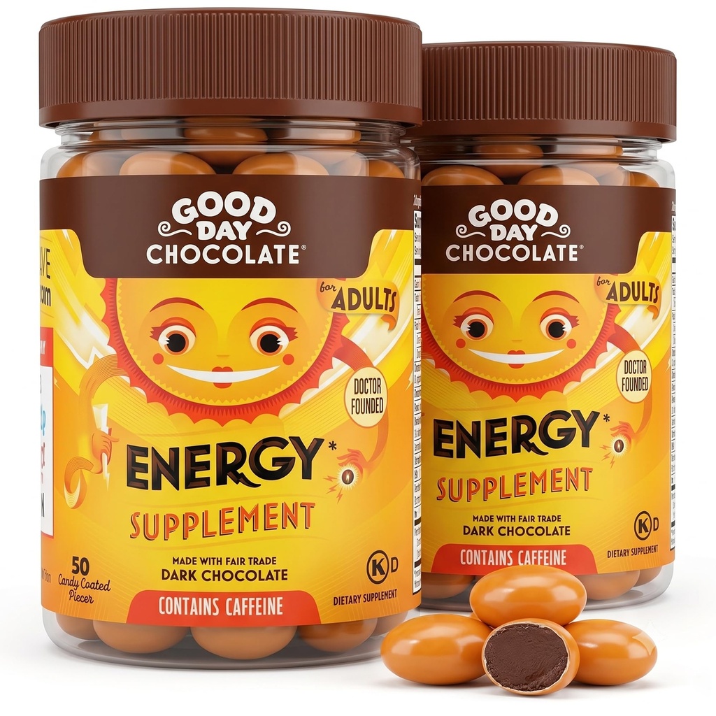 God dag Chokolade Energi Kosttilskud til voksne [2 Pack] Fair Trade Koffein Chokolade med B-vitaminer, Green Tea Ekstrakter og 20 mg Koffein Per Piece - Energi Booster for kvinder og mænd