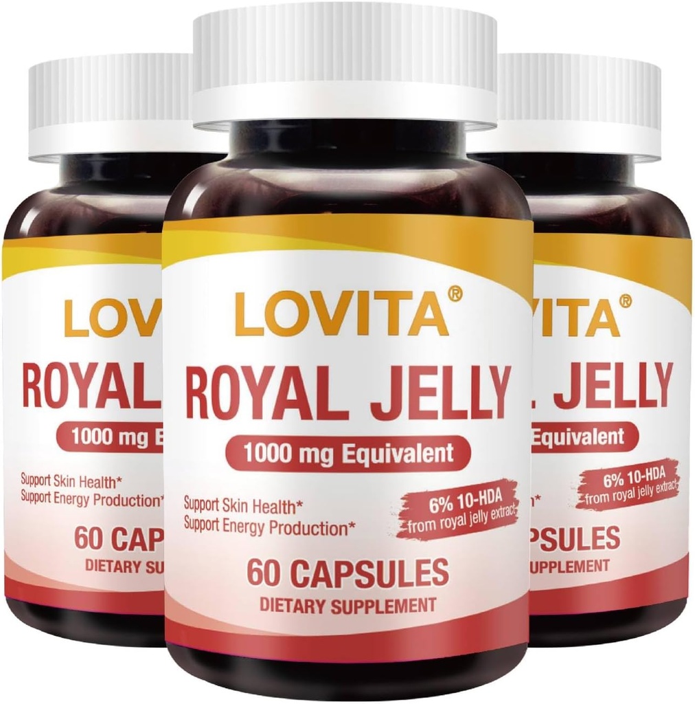 Lovita Royal Jelly 333 mg, 3: 1 Koncentrat, med 20 mg 10- HDA, Natural Source Super Food, Understøtter hud sundhed & energiproduktion, 60 kapsler (pakke med 3)