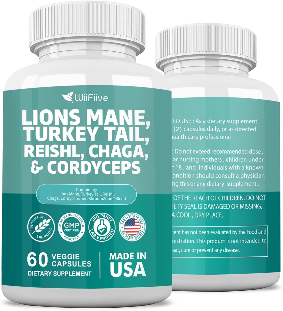 Lions Mane 3000mg Tyrkiet Tail 3000mg Reishl 1000mg Chaga 1000mg Cordyceps pulver ekstrakt indeholder Maitaake Shiitake Black Svamp, Brain supplement, Mineral kosttilskud, 60 kapsler
