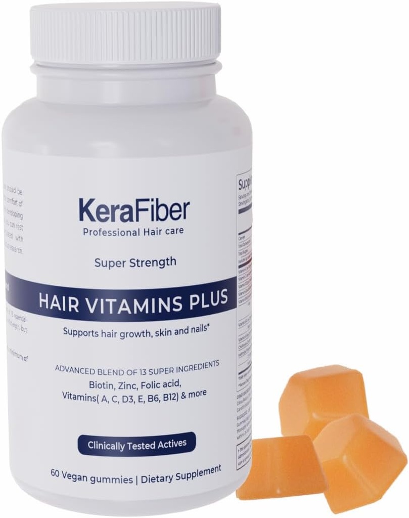 KeraFiber Professional Hair Vitamins Plus Gummies - Biotin Hair Growth Supplements - Vegan Hair Vitamins with Zinc, Vitamins A, C, D, E, B6, B12 - Supports Hair Growth, Skin & Nails - 60 Count