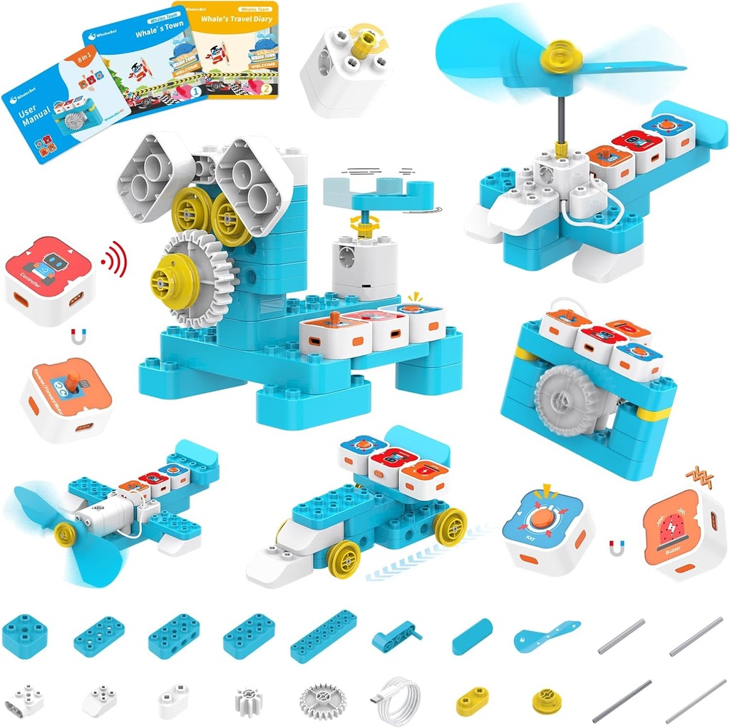 WhalesBot A1 Coding Toy for Kids, Building Block Robot, Fun STEM Legetøj med magnetcontroller og sensor blokke, Screen- Free Coding med 3 Guide bøger til børn 3-6
