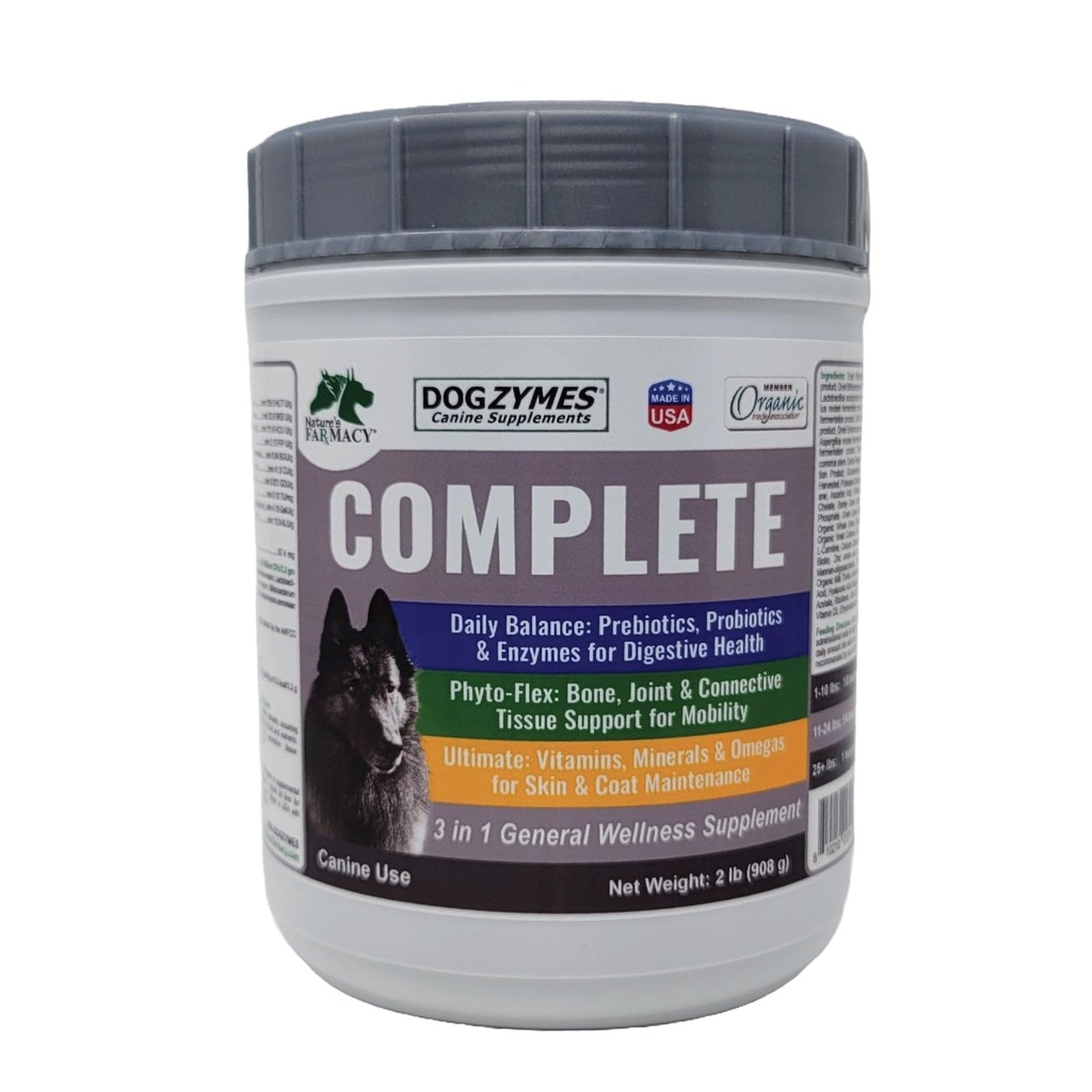 Dogzymes Complete - Probiotika, Prebiotika, Glucosamin, Chondroitin, MSM og Hyaluronsyre, Komplet Skin og Coat Care (2 Pund)