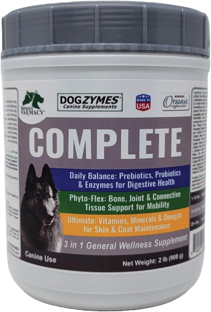 Dogzymes Complete - Probiotika, Prebiotika, Glucosamin, Chondroitin, MSM og Hyaluronsyre, Komplet Skin og Coat Care (2 Pund)