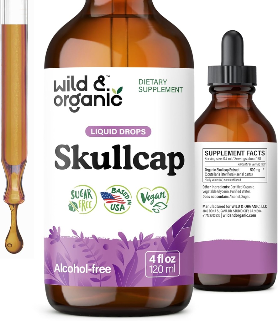 Wild & Organic Skullcap Herb Tinktur - Skullcap supplement til Mood Support - Afslappende flydende ekstrakt dråber - Vegan, Sukker & Alkoholfri - 4 fl oz
