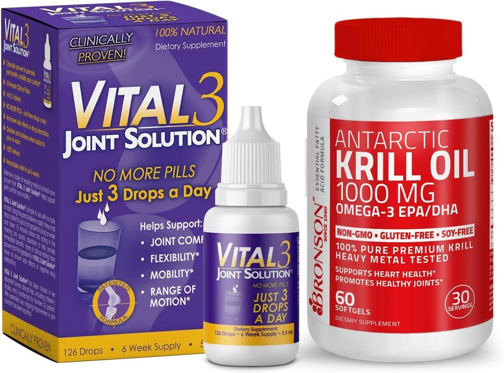 Vital 3 Joint Solution ® Clinically Proven Liquid Knee Relief + Bronson Antarctic Krill Oil 1000 mg med Omega- 3s EPA, DHA