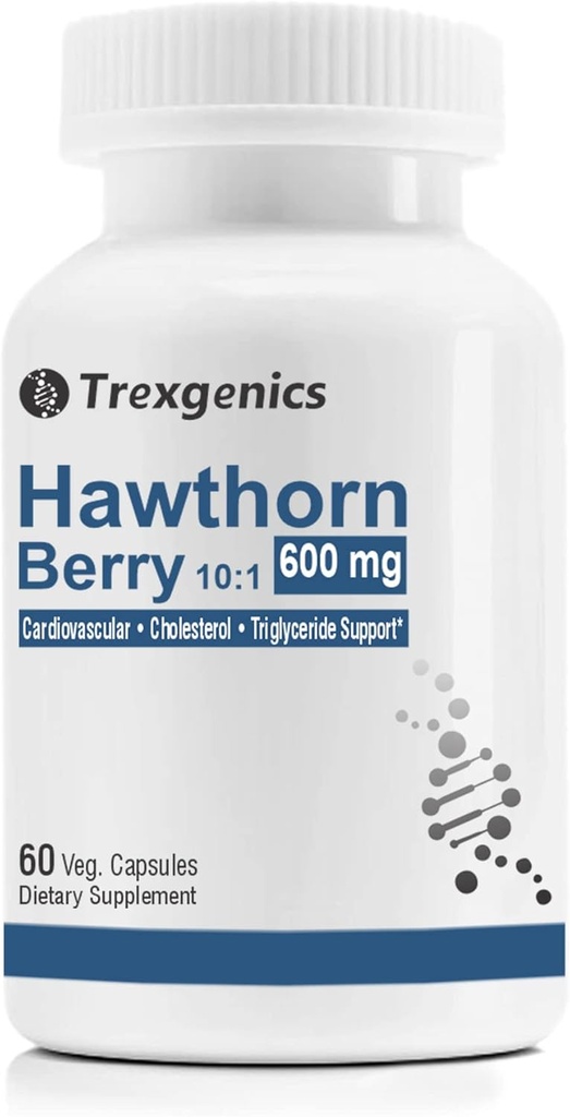 Trexgenics Hawthorn Berry 600 mg cardiovaskulær, Cholesterol, triglycerider, blodtrykssupport Vegan & non- GMO (60 Veg. Kapsler) (pakning med 1)
