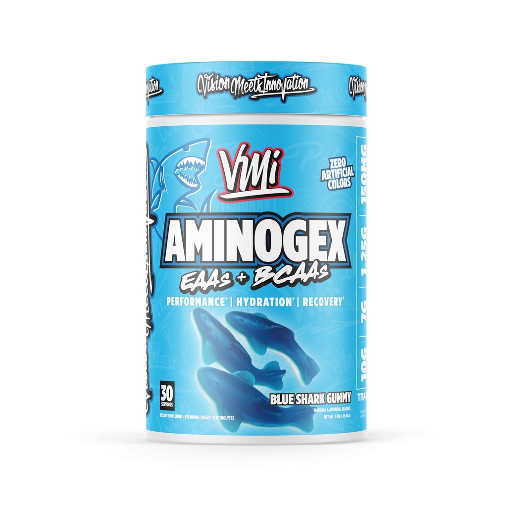 VMI Sports Aminogex Ultra Year 124; EAA + BCAA Powder Year 124; Amino Acid + Hydration Recovery Drikke med elektrolyter, betain og Glutamin Mear 124; (30 Servering) (Blue Shark Gummy)