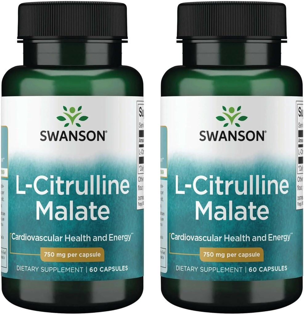 Swanson L- Citrullin Malat - Aminosyretilskud til fremme af energiproduktion og sund blodcirkulation - Naturlig formel støtte Samlet wellness - (60 kapsler, 750mg hver) (2 pakke)