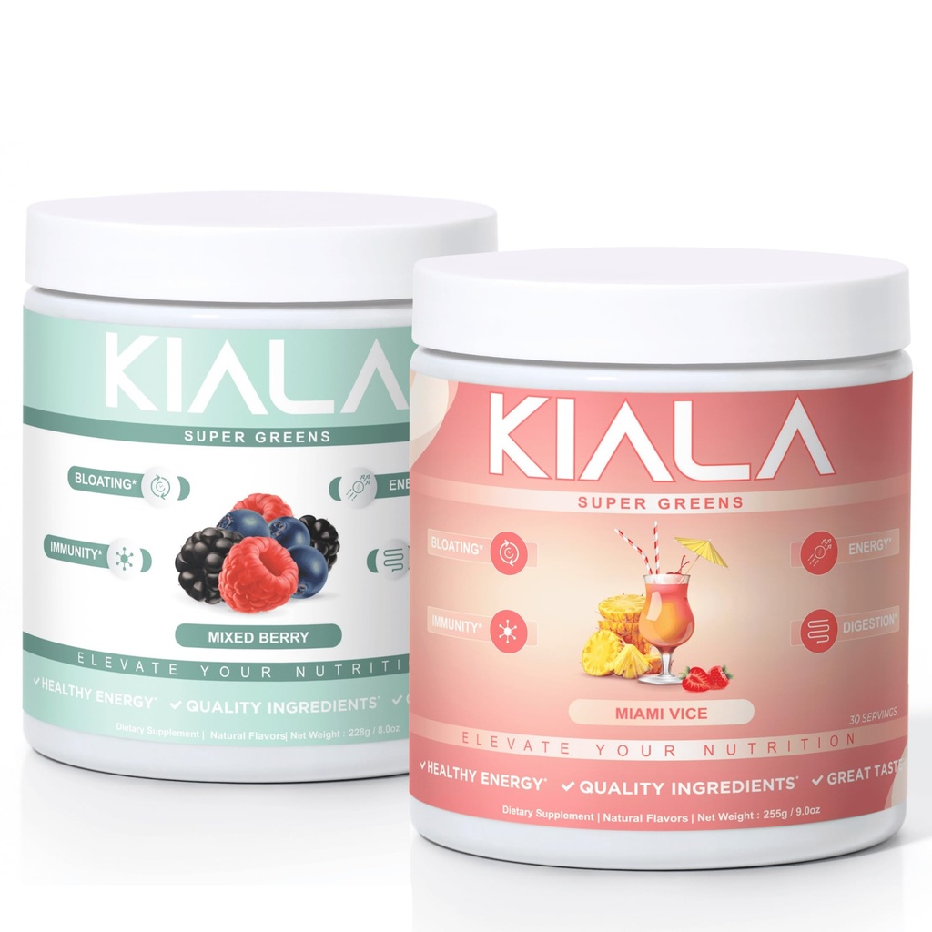 Kiala Nutrition Super Greens, Organic Greens Powder, Spirulina & Chlorella Superfood Powder, Sugar & Gluten Free Vegan, Spectra Blend, Mixed Berry & Miami Vice, 2 Pack