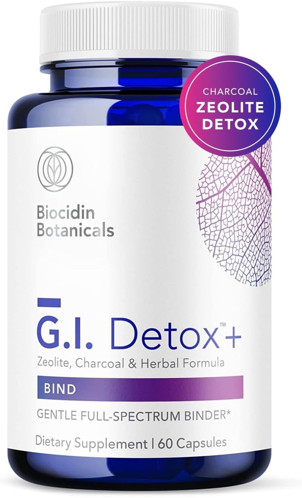 Biocidin G.I. Detox + Aktiveret Charcoal Binder & Zeolite Detox Kosttilskud med Silica - Hjælper Bind & Clear Toxins - Understøtter fuld kropsvisitering og kan reducere bloating (60 kapsler)