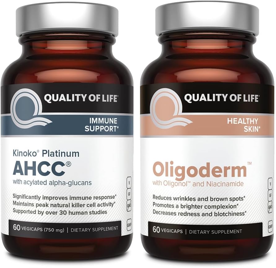 Livskvalitet med Kinoko Platinum AHCC Mushroom Extract og Oligoderm med Oligonol Lychee Extract - immunforsvar Skin Health Bundle