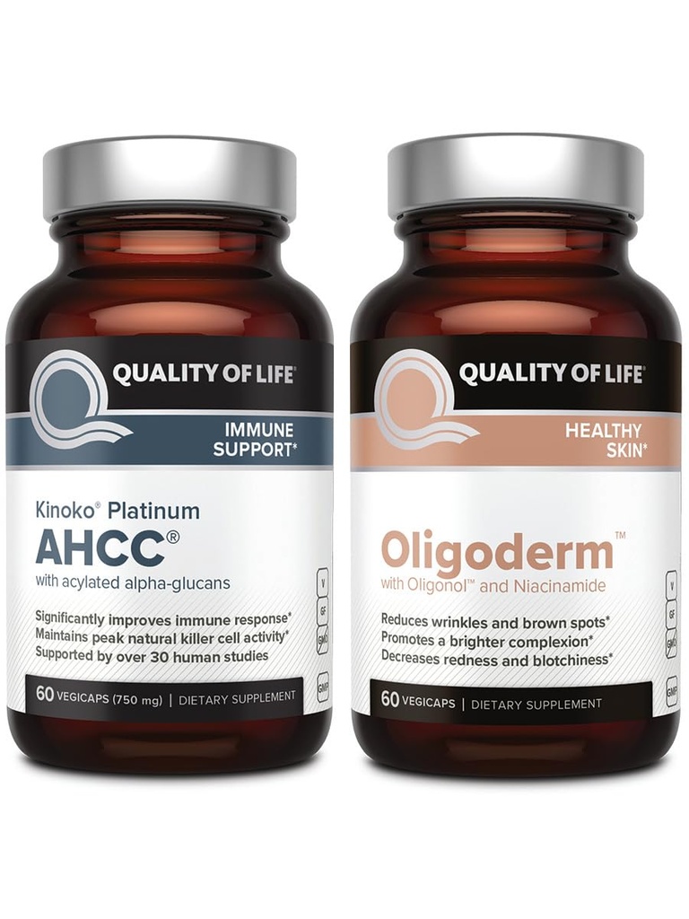 Livskvalitet med Kinoko Platinum AHCC Mushroom Extract og Oligoderm med Oligonol Lychee Extract - immunforsvar Skin Health Bundle