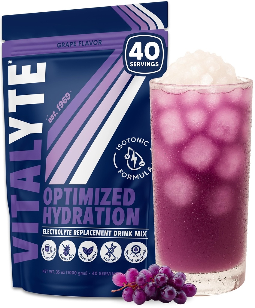 Vitalyte Electrolyte Powder Drink Mix, Isotonic Electrolyte Hydration Mix, Gluten Free Post Workout Powder Mix, pakke med 1, 35 oz., Grape Flavor