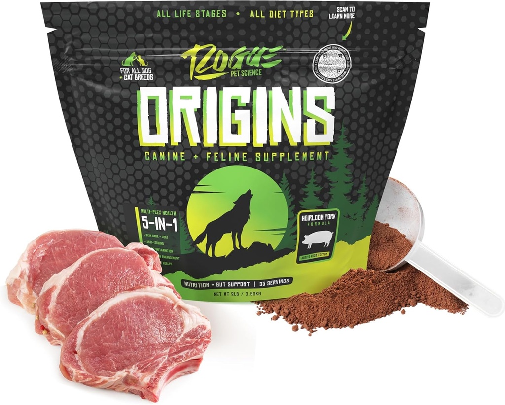 ROGUE PET VIDENSKAB Oprindelse 5- in-1 Hund Supplement - pulveriseret mad Topper w / Natural Heirloom Pork Protein - Understøtter sund fordøjelse, hud, og Coat - Hjælper med at reducere kløende & fælles inflammation (2 lbs)