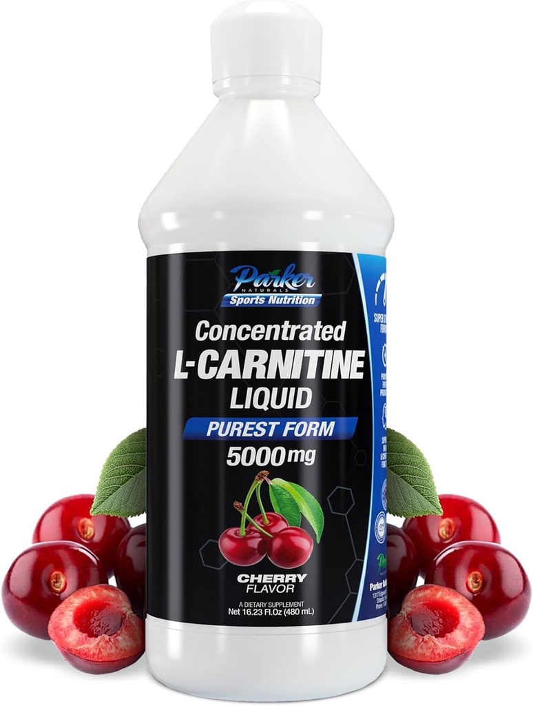 Parker Naturals Koncentreret L- Carnitin Væske, 5000mg Alle naturlige Cherry Flavored Supplement, Flydende L- Carnitin med Vitamin V5, 16.23 Fl. Oz