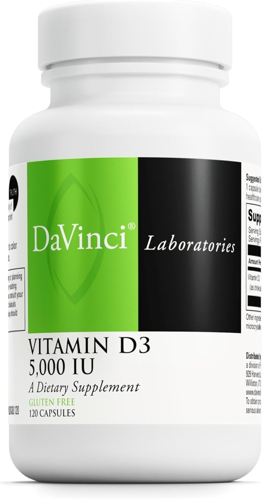 DAVINCI Labs Vitamin D3 5000 IE - Kosttilskud til støtte sunde tænder og knogler, kardiovaskulær funktion og immunforsvar * - med 5000 IE per servering - Gluten- fri - 120 kapsler