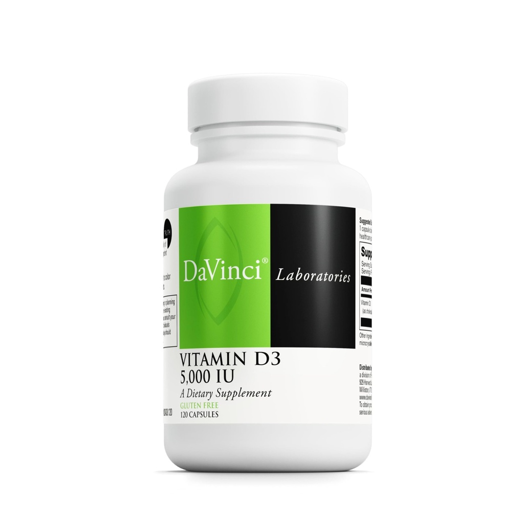 DAVINCI Labs Vitamin D3 5000 IE - Kosttilskud til støtte sunde tænder og knogler, kardiovaskulær funktion og immunforsvar * - med 5000 IE per servering - Gluten- fri - 120 kapsler