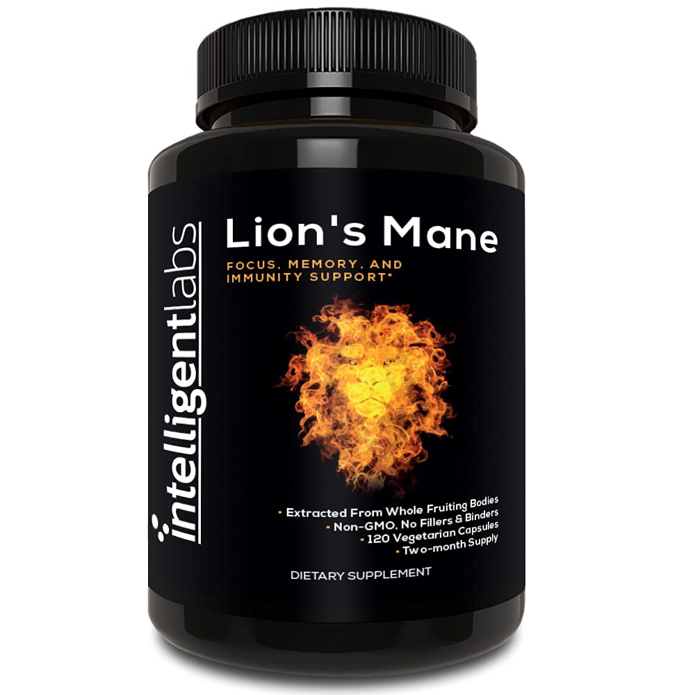 Intelligente Labs Lions Mane Mushroom Kapsler, Udtrukket fra Fruiting Kroppene af Hericium Erinaceus, Minimum 25% Beta Glucans, No Grain Fillers, 2 - Måned Supply