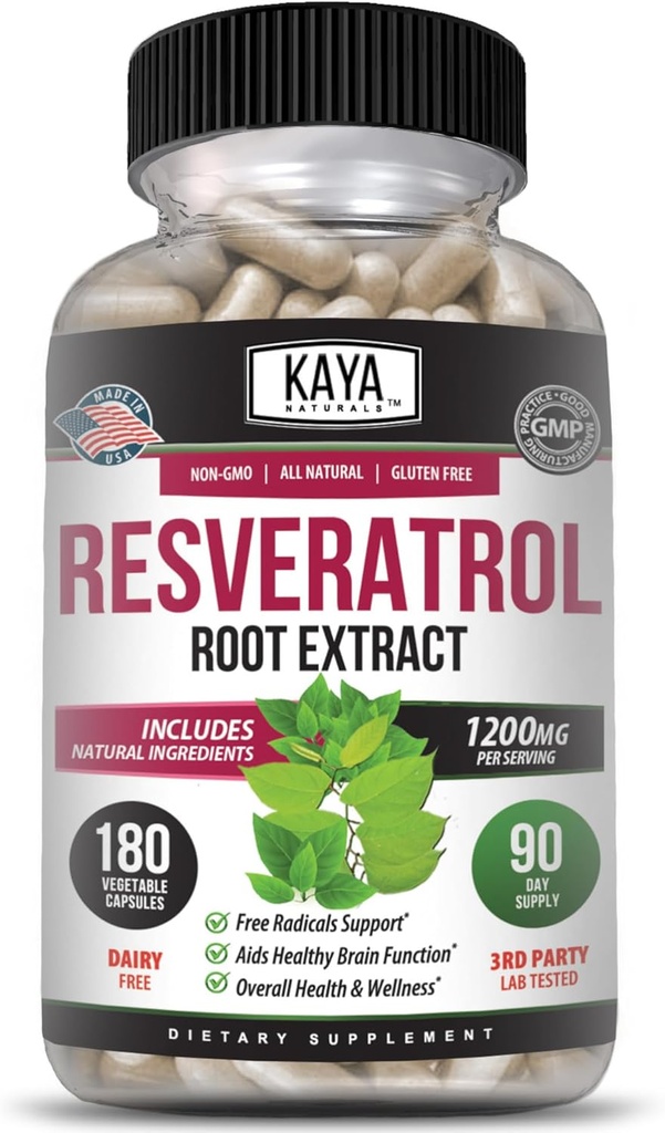 Kaya Naturals - Resveratrol kapsler - Anti Aging supplement - Antioxidanter med hjerne støtte - Maksimale fordele - 180 Veggies kapsler