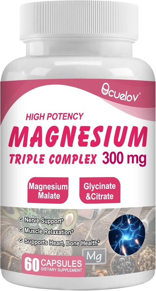 Triple Magnesium Complex Supplement, 300mg Magnesium (Glycinat, Malat & Citrate) Complex for Muscles, Nerves, Bone & Energy Year 124; Vegan, Non- GMO Mear 124; 60 Kapsler
