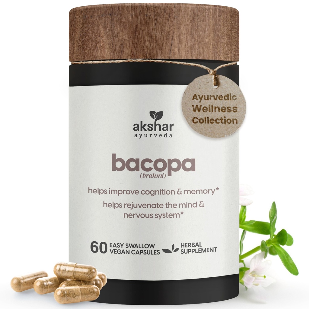 AKSHAR Ayurveda - Bacopa 500 mg Brahmi tillæg, foryngende system, Bacopa piller til støtte kognitiv funktion for voksne, Vegan Cruelty Free Bacopa Monnieri (60 Greve)
