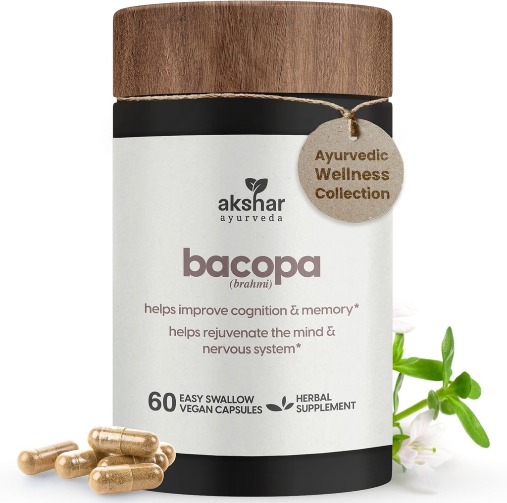 AKSHAR Ayurveda - Bacopa 500 mg Brahmi tillæg, foryngende system, Bacopa piller til støtte kognitiv funktion for voksne, Vegan Cruelty Free Bacopa Monnieri (60 Greve)