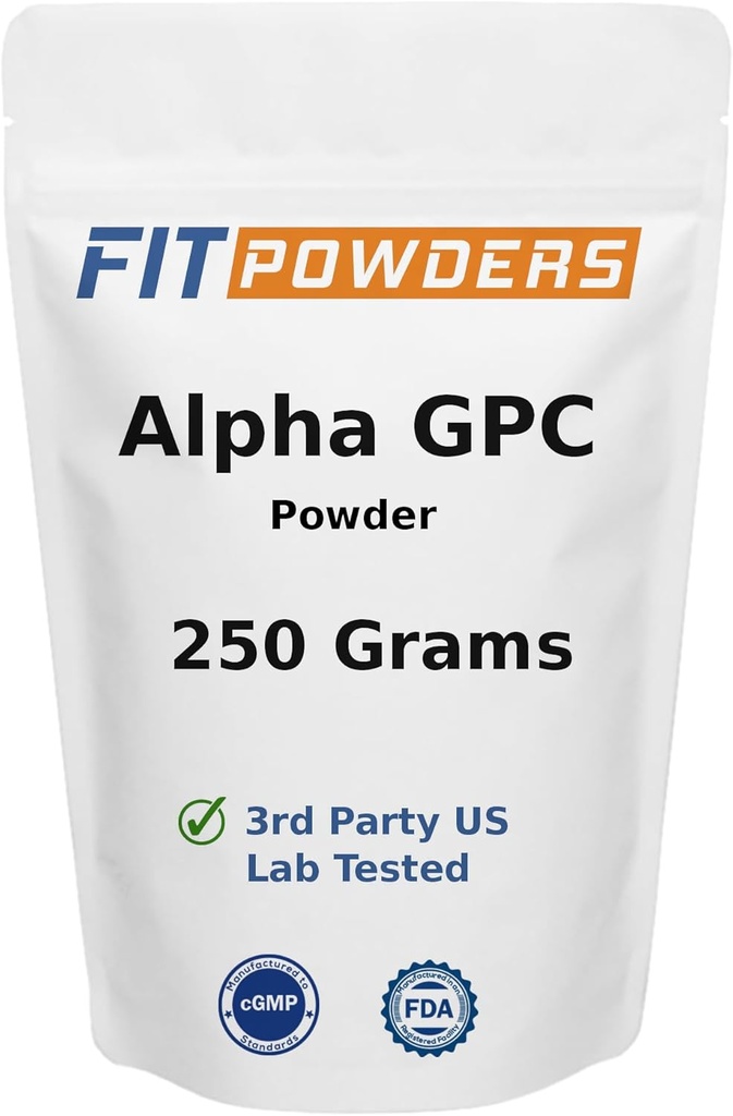 Alpha- GPC Powder 250 Bedste, Non- GMO Alpha GPC Supplement Cholin Powder, Vegan, Tredjeparts testet, Pre- Workout, Hukommelse og Fokus, med Scoop