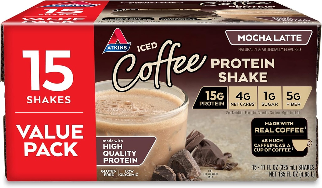 Atkins Gluten Free Protein- Rich Shake, Mocha Latte, Keto Friendly, 15 Greve